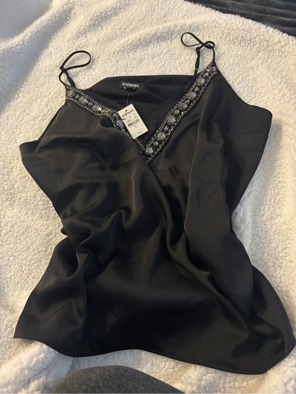 Express Black Satin Beaded V-Neck Cami